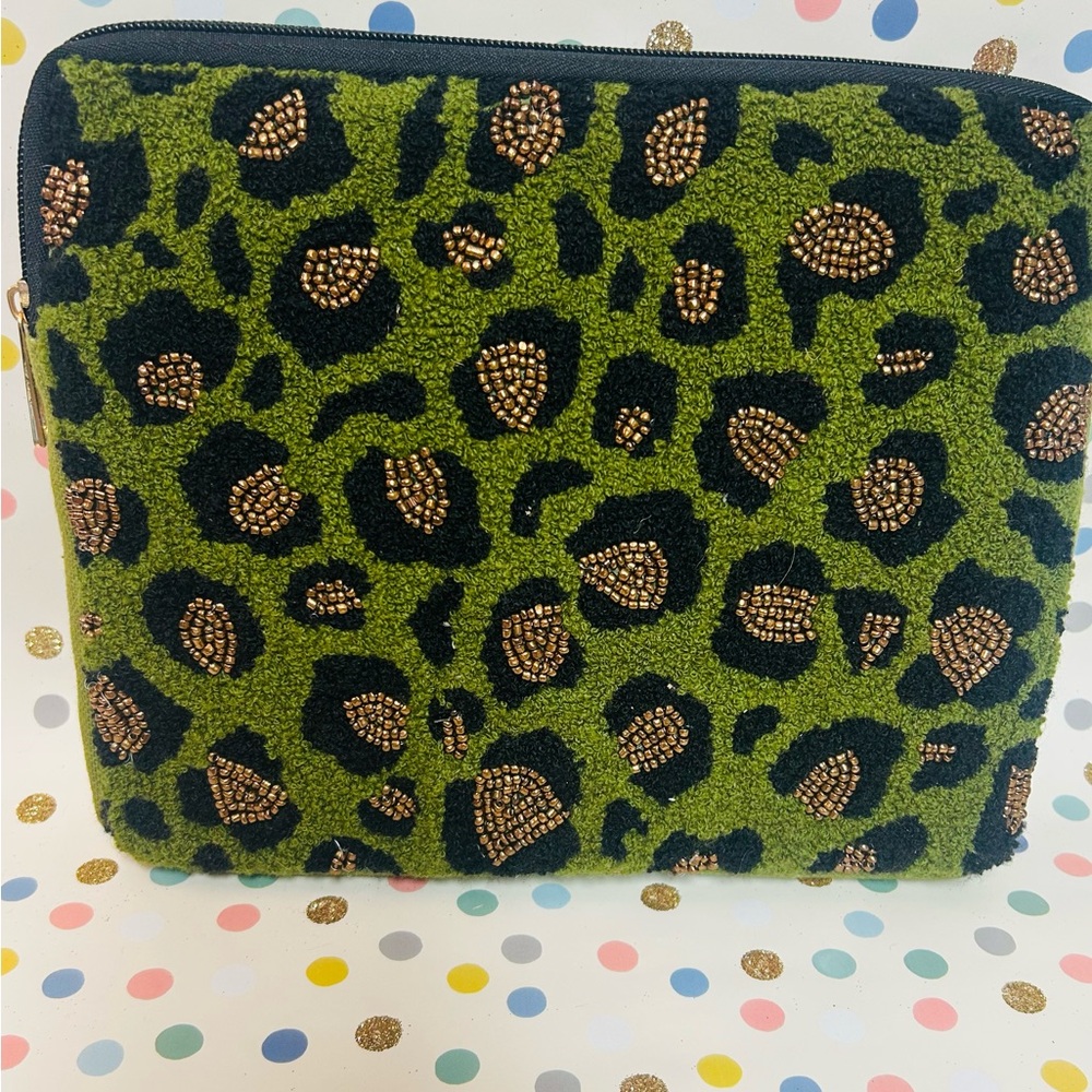 Beaded Green Leopard Print Cosmetic Pouch